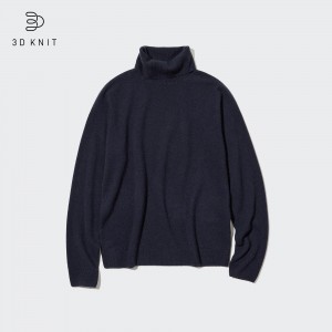 UNIQLO 100pct Cashmere 3d Knit Seamless Turtleneck Jumper Navy | XKYEHAI-26