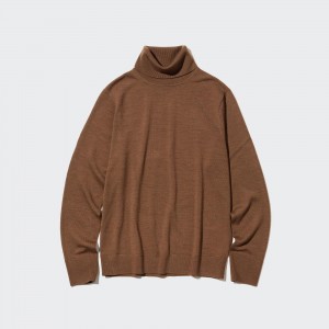 UNIQLO 100pct Extra Fine Merino Turtleneck Jumper Brown | ZVCYNMU-93