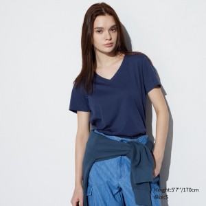 UNIQLO 100pct Supima Cotton V Neck Short Sleeved T-Shirt Blue | BYIURMD-18