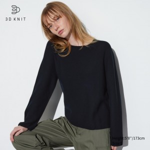 UNIQLO 3d Knit Seamless Cotton Crew Neck Jumper Black | KYEFJVC-63