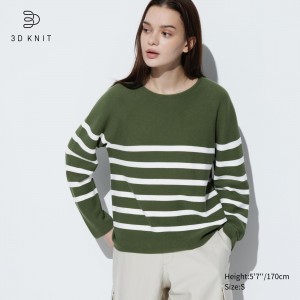 UNIQLO 3d Knit Seamless Cotton Striped Crew Neck Jumper Olive | XLOBTQH-09