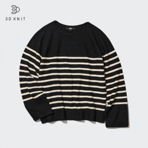 UNIQLO 3d Knit Seamless Cotton Striped Crew Neck Jumper Black | HYJMDNL-41