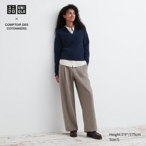 UNIQLO Brushed Jersey Pleated Wide Leg Trousers Regular Beige | AKYGOIJ-45