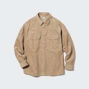 UNIQLO Corduroy Oversized Work Shirt Beige | JOPIURH-14