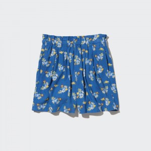UNIQLO Girls Linen Blend Flower Print Easy Shorts Blue | VBKHJAS-79