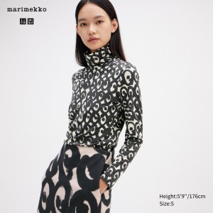 UNIQLO Heattech Swirl Print Turtleneck Long Sleeved Thermal Top Black | GXFPBLY-49