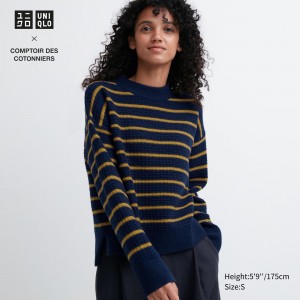 UNIQLO Lambswool Striped Jumper Navy | QPEVOZJ-59