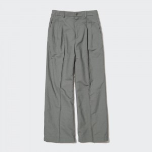 UNIQLO Linen Blend Pleated Wide Leg Trousers Olive | NJITYLQ-23