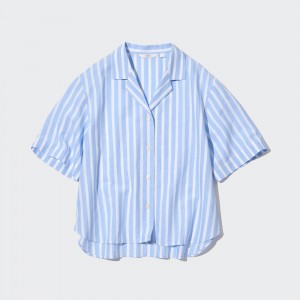UNIQLO Linen Blend Striped Open Collar Short Sleeved Shirt Light Blue | KLUQXFB-79
