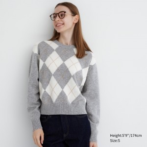 UNIQLO Premium Lambswool Argyle Crew Neck Jumper Light Gray | HCEJNBK-18