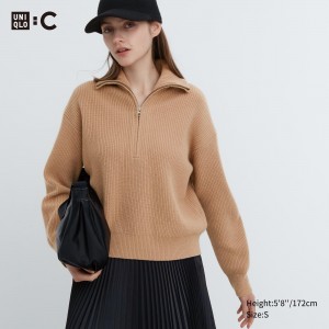 UNIQLO Premium Lambswool Half Zipped Jumper Beige | OBKQNCP-53