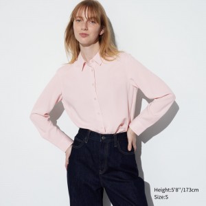 UNIQLO Rayon Long Sleeved Blouse Pink | VZNJWDE-16