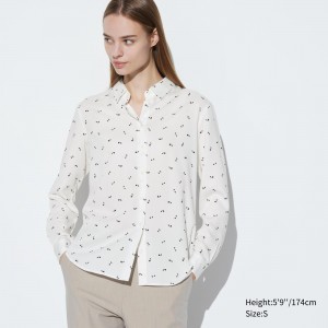 UNIQLO Rayon Printed Long Sleeved Blouse Off White | RHBPCUT-10