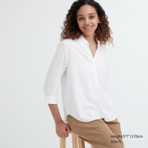 UNIQLO Rayon Skipper Collar 34 Sleeved Blouse White | KXBOJNI-09