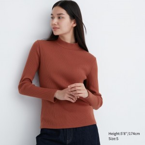 UNIQLO Ribbed High Neck Long Sleeved T-Shirt Dark Orange | AOUNZKS-04