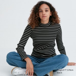 UNIQLO Ribbed Striped High Neck Long Sleeved T-Shirt Black | DQTVPOE-21