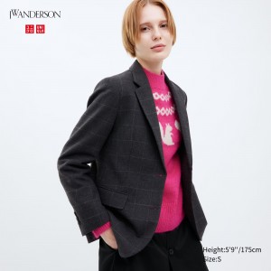 UNIQLO Single Breasted Checked Jacket Dark Gray | UEONHJT-84