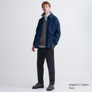 UNIQLO Smart Cotton Ankle Length Trousers Long Navy | HPKWJLD-53
