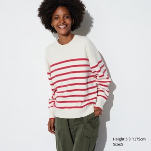 UNIQLO Smooth Cotton Relaxed Fit Striped Crew Neck Jumper Red | IRJWXTA-10
