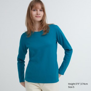 UNIQLO Smooth Cotton Stretch Crew Neck Long Sleeved T-Shirt Green | SFMJPUB-03