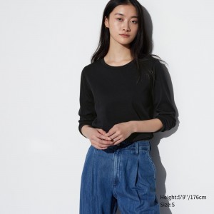 UNIQLO Smooth Cotton Stretch Crew Neck Long Sleeved T-Shirt Black | HSYAXNB-18