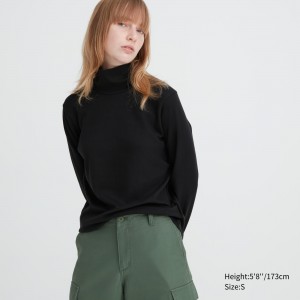 UNIQLO Smooth Cotton Stretch Turtleneck Long Sleeved Top Black | BGWOJVF-10