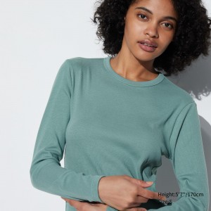 UNIQLO Soft Ribbed Fitted Crew Neck Long Sleeved T-Shirt Green | TYVKIBN-98