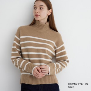 UNIQLO Soufflé Yarn Striped High Neck Jumper Beige | UBITPDG-91