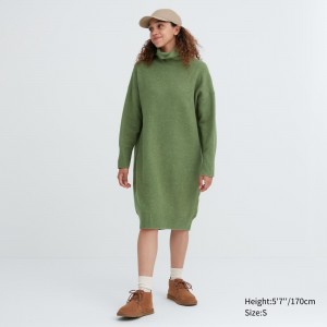 UNIQLO Soufflé Yarn Turtleneck Long Sleeved Dress Green | VEKCZUB-73