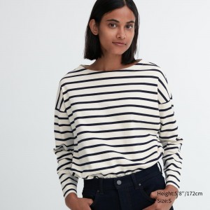 UNIQLO Striped Long Sleeved T-Shirt Off White | PXEWDOZ-59