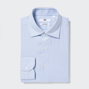 UNIQLO Super Non Iron Regular Fit Striped Shirt Semi Cutaway Collar Blue | YHNLUTC-60