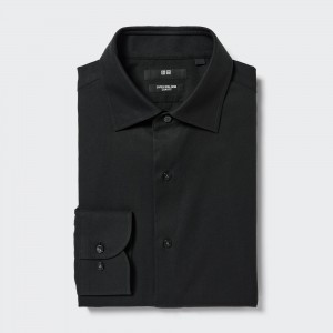 UNIQLO Super Non Iron Slim FiT-Shirt Semi Cutaway Collar Black | FSMKTHL-56