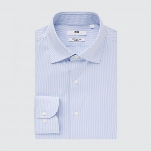 UNIQLO Super Non Iron Slim Fit Striped Shirt Semi Cutaway Collar Blue | NRBTIZM-58