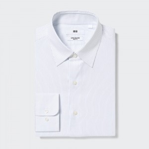 UNIQLO Super Non Iron Slim Fit Striped Shirt Regular Collar Blue | MVJQOWP-98